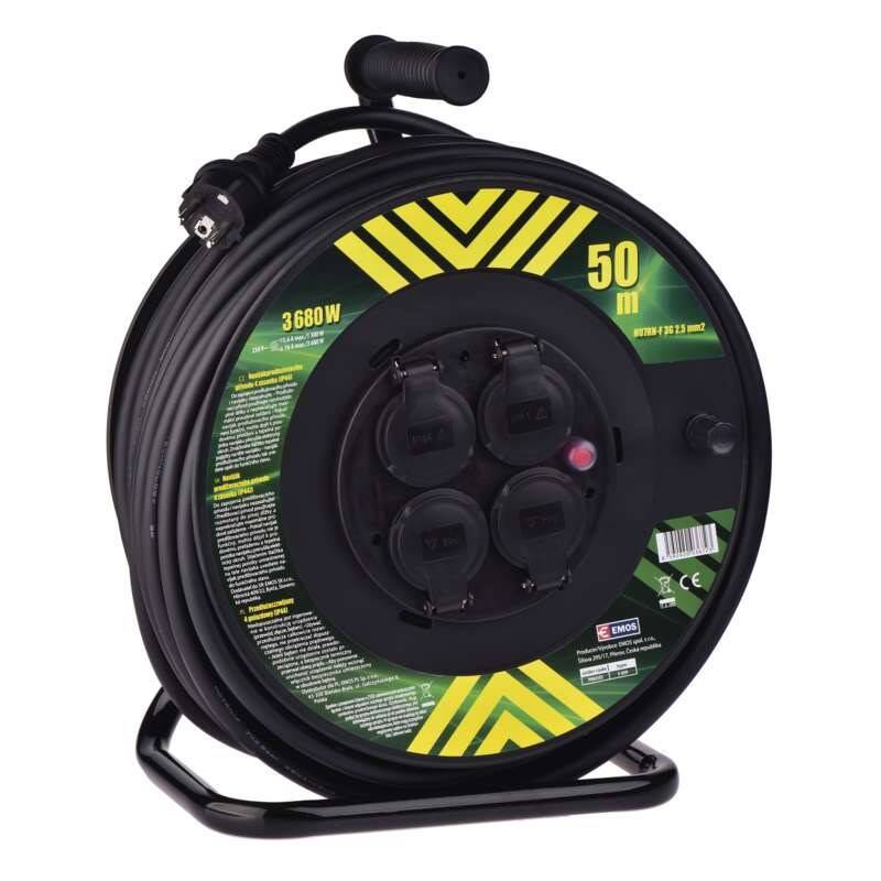 Venkovní prodlužovací kabel na bubnu 50 m / 4 zás. / černý / guma-neopren / 230V / 2,5 mm2 P084503 + ZDARMA 4 ks alk.baterií AA