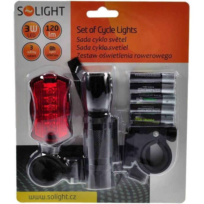 Solight sada cyklo světel, přední 3W LED + zadní 5x LED, 2x držák, 5x AAA baterie - WL19