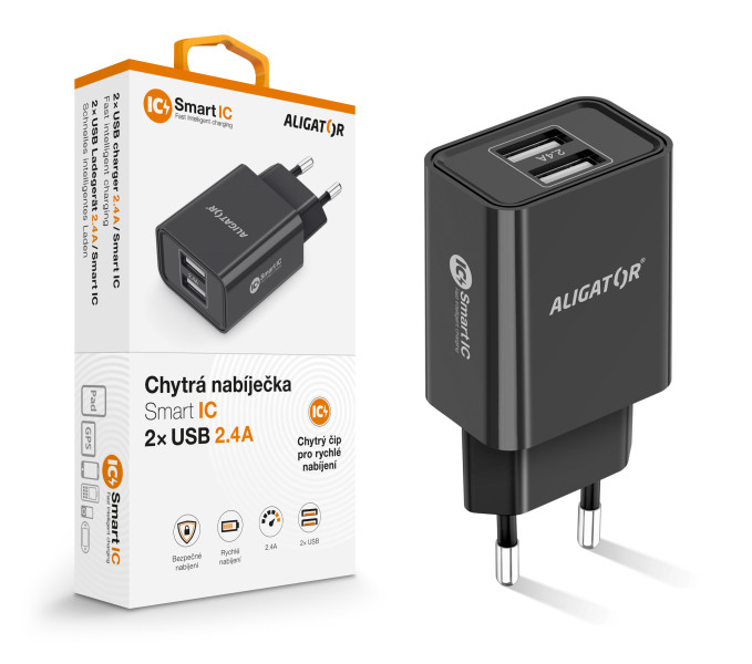 Chytrá síťová nabíječka ALIGATOR 2.4A, 2xUSB, smart IC, černá