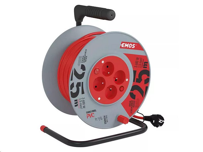 Prodlužovací kabel na bubnu 25 m / 4 zás. / s vypínačem / červený / PVC / 230V / 1,5 mm2 P194253
