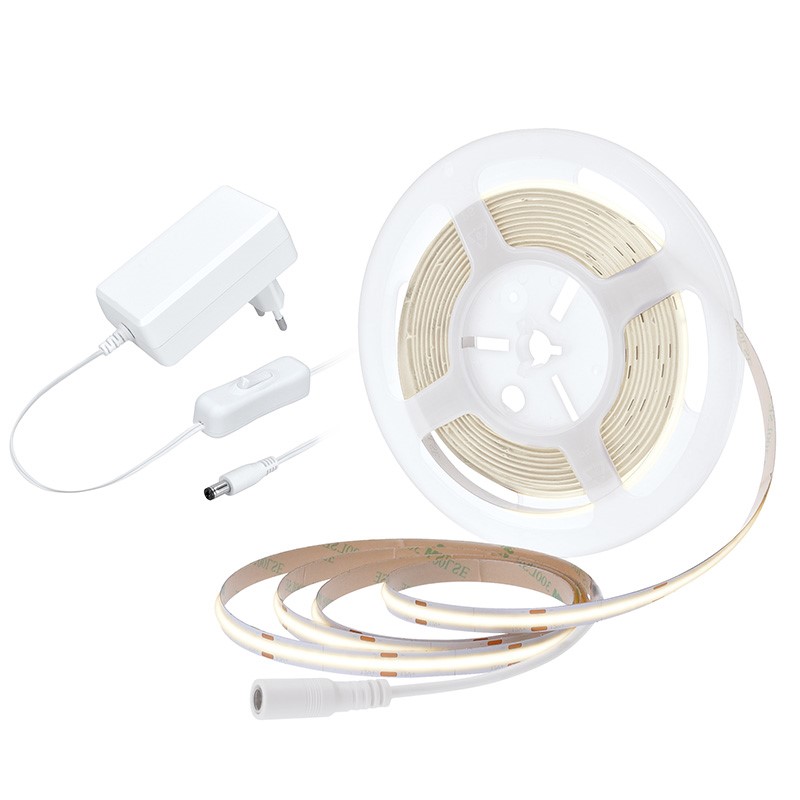 Solight LED COB pásek, sada s adaptérem, vypínač, 5m, 8W/m, 800lm/m, neutrální bílá - WM59-NW