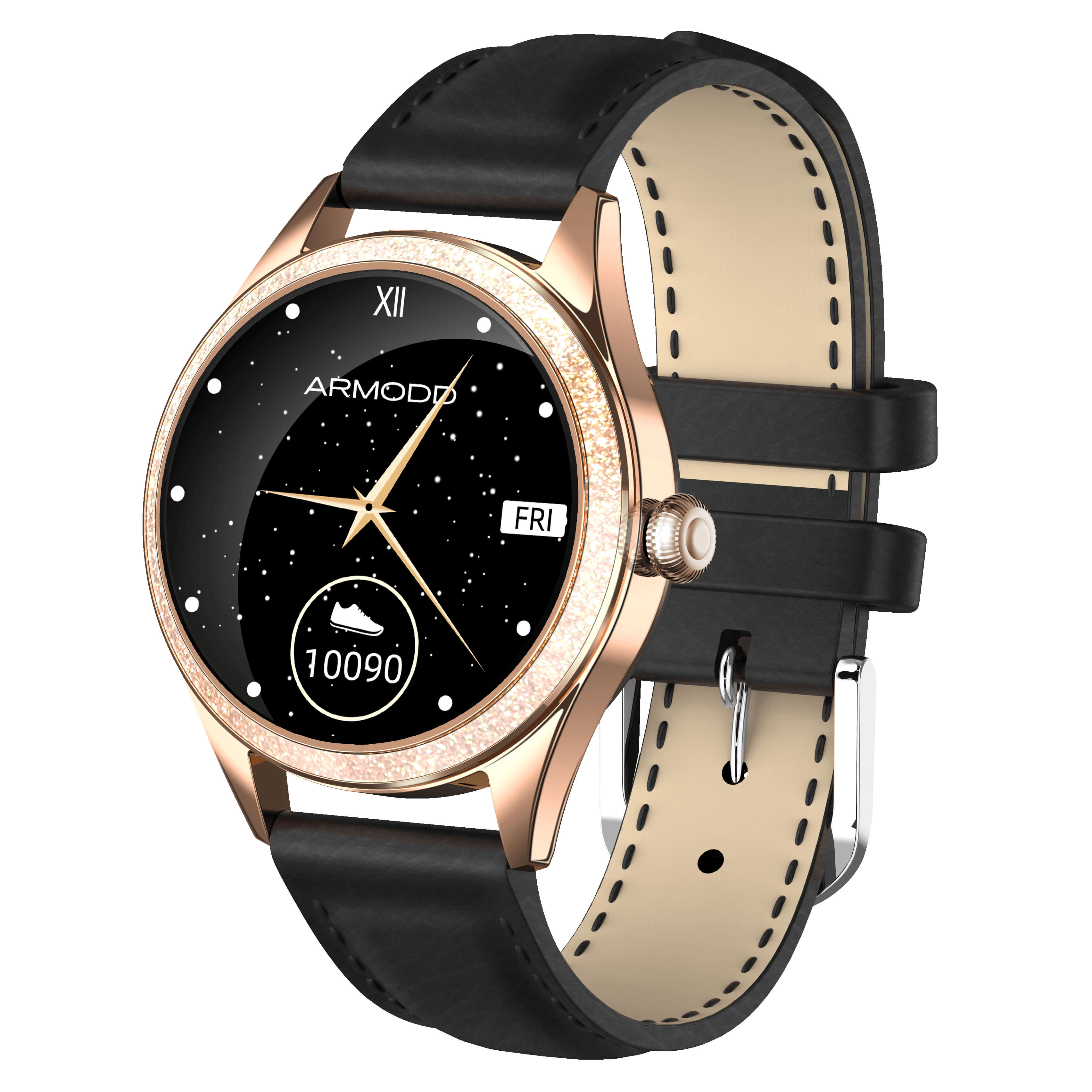 ARMODD Candywatch Crystal 2 zlatá s černým koženým řemínkem (stříbrná spona)