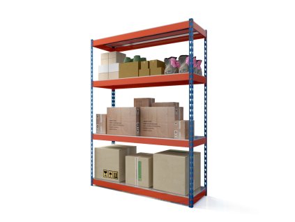 Kovový průmyslový regál 180x180x60cm, lakovaný - modro/oranžový, 4-policový, nosnost 1200kg