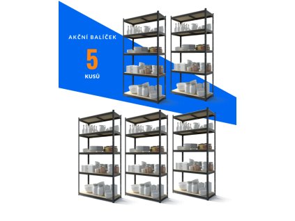 Akční balíček - 5x Kovový regál 180x90x40cm, lakovaný - černý, 5-policový, nosnost 875kg