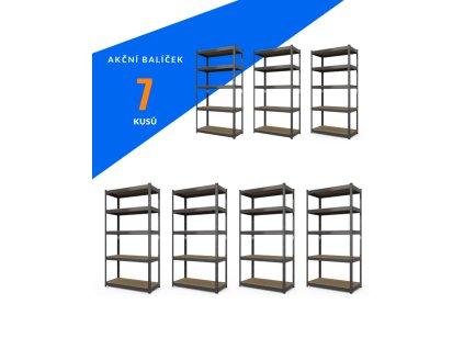 Akční balíček - 7x Kovový regál 180x90x40cm, lakovaný - černý, 5-policový, nosnost 875kg