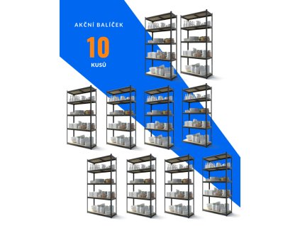 Akční balíček - 10x Kovový regál 180x90x40cm, lakovaný - černý, 5-policový, nosnost 875kg