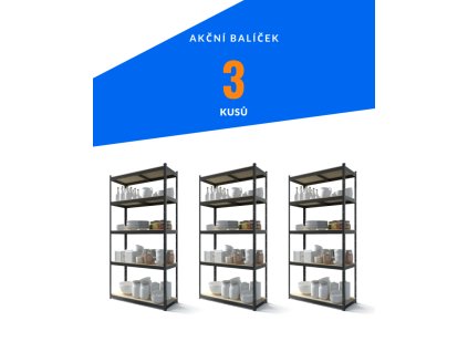 Akční balíček - 3x Kovový regál 180x70x30cm, lakovaný - černý, 5-policový, nosnost 875kg