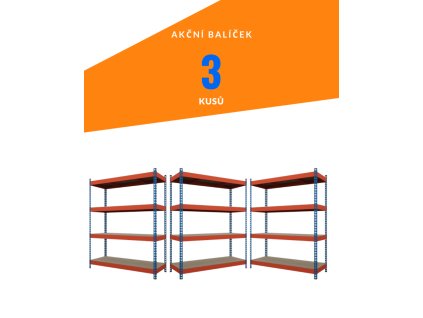 Akční balíček - 3ks Kovový průmyslový regál 180x120x60cm, lakovaný - modro/oranžový, 4-policový, nosnost 1200kg