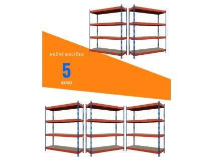Akční balíček - 5ks Kovový průmyslový regál 180x120x60cm, lakovaný - modro/oranžový, 4-policový, nosnost 1200kg