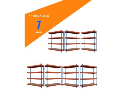 Akční balíček - 7ks Kovový průmyslový regál 180x180x60cm, lakovaný - modro/oranžový, 4-policový, nosnost 1200kg