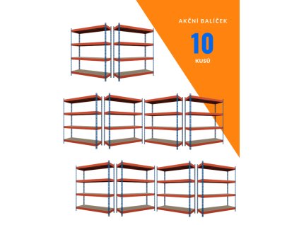 Akční balíček - 10ks Kovový průmyslový regál 180x180x60cm, lakovaný - modro/oranžový, 4-policový, nosnost 1200kg
