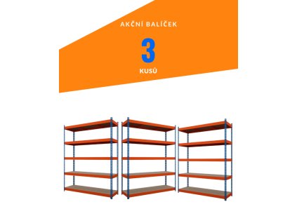 Akční balíček - 3ks Kovový průmyslový regál 216x160x60cm, lakovaný - modro/oranžový, 5-policový, nosnost 1500kg