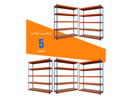 Akční balíček - 5ks Kovový průmyslový regál 216x160x60cm, lakovaný - modro/oranžový, 5-policový, nosnost 1500kg