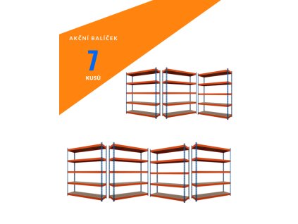 Akční balíček - 7ks Kovový průmyslový regál 216x160x60cm, lakovaný - modro/oranžový, 5-policový, nosnost 1500kg