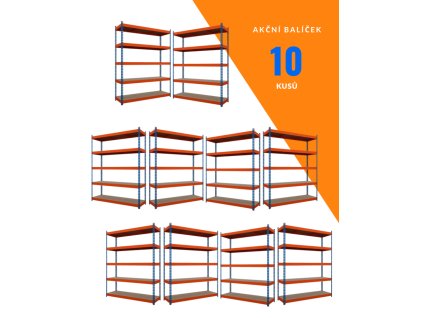 Akční balíček - 10ks Kovový průmyslový regál 216x160x60cm, lakovaný - modro/oranžový, 5-policový, nosnost 1500kg