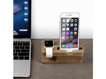 Březový stojánek pro Apple iPhone a Apple Watch