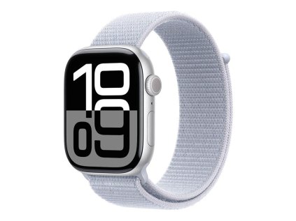 487757 apple watch series 10 gps 46mm silver aluminium case with blue cloud sport loop