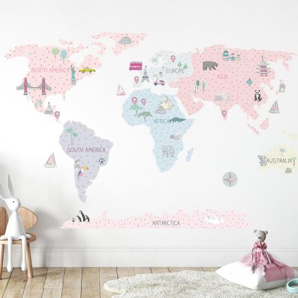 world map pink sticker. childrens wall decals. room decorations (2)
