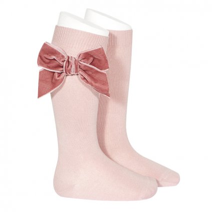 side velvet bow knee high socks pale pink