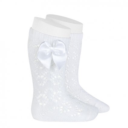 perle geometric openwork knee high socks with bow white