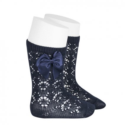 perle geometric openwork knee high socks with bow navy blue