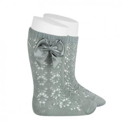 perle geometric openwork knee high socks with bow dry green