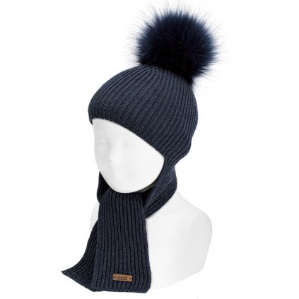 english rib stitch scarf hat with faux fur pompom