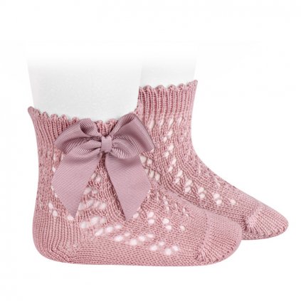 cotton openwork short socks with bow pale pink