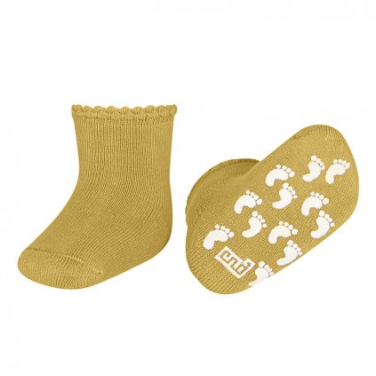 baby non slip terry socks with patterned cuff mustard
