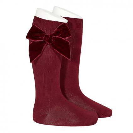 side velvet bow knee high socks garnet