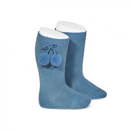 warm cotton knee high socks with pompoms french blue