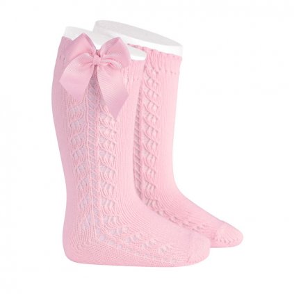 side openwork warm cotton knee socks bow grossgrain pink