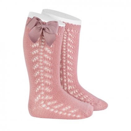 side openwork warm cotton knee socks bow grossgrain pale pink