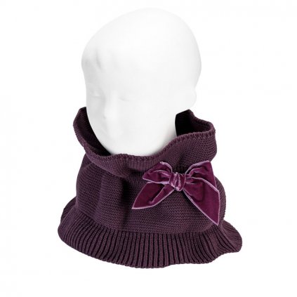 garter stitch snood scarf with big velvet bow burdeaux