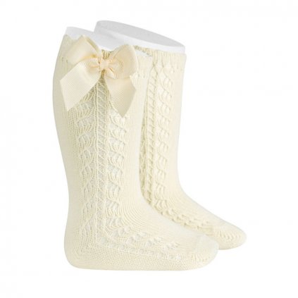 side openwork warm cotton knee socks bow grossgrain beige