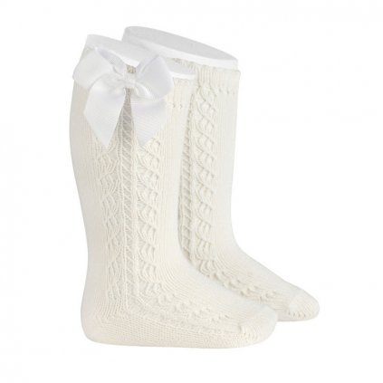 side openwork warm cotton knee socks bow grossgrain cream