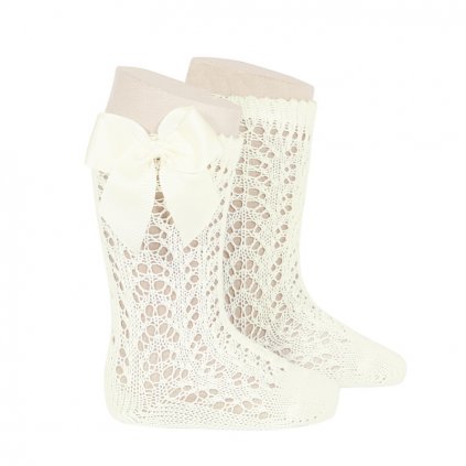 perle openwork knee high socks with bow beige