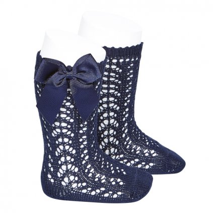 perle openwork knee high socks with bow navy blue