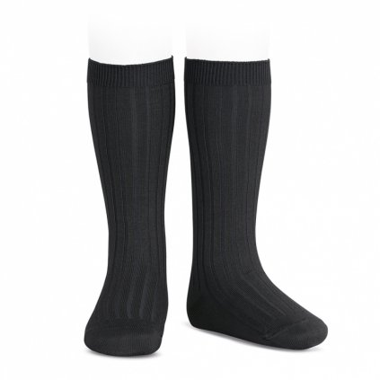 wide ribbed cotton knee high socks black