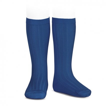 wide ribbed cotton knee high socks indigo blue