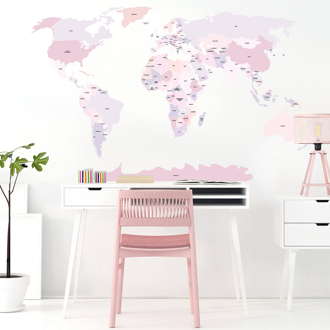 Levně Pastelowe Love Pastelowe Love® samolepka na zeď politická mapa světa růžová v češtině