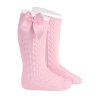 side openwork warm cotton knee socks bow grossgrain pink