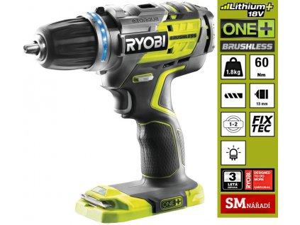 Ryobi R18DDBL-0 Aku bezuhlíkový vrtací šroubovák ONE+, 18v, 60Nm, bez aku a nabíječky