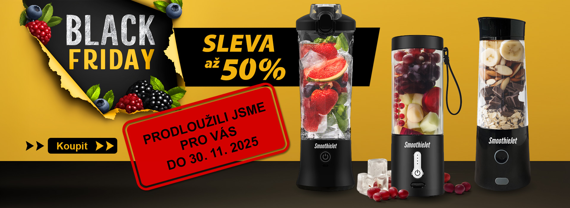 Black Friday banner se žlutým pozadím, slevou až 50 %, prodlouženou akcí do 30. 11. 2025 a třemi přenosnými SmoothieJet mixéry naplněnými ovocem.