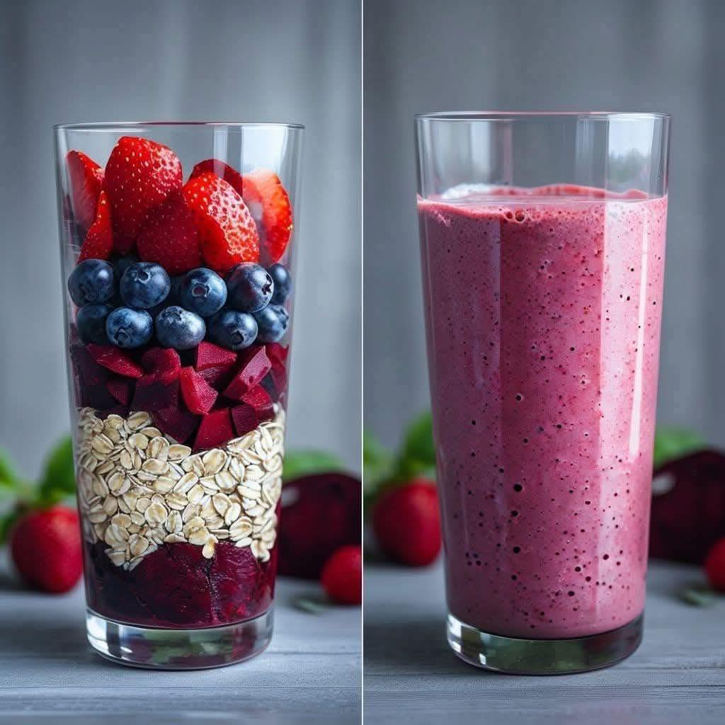 Energizujúce smoothie z jahôd, čučoriedok, ovsených vločiek a cvikly