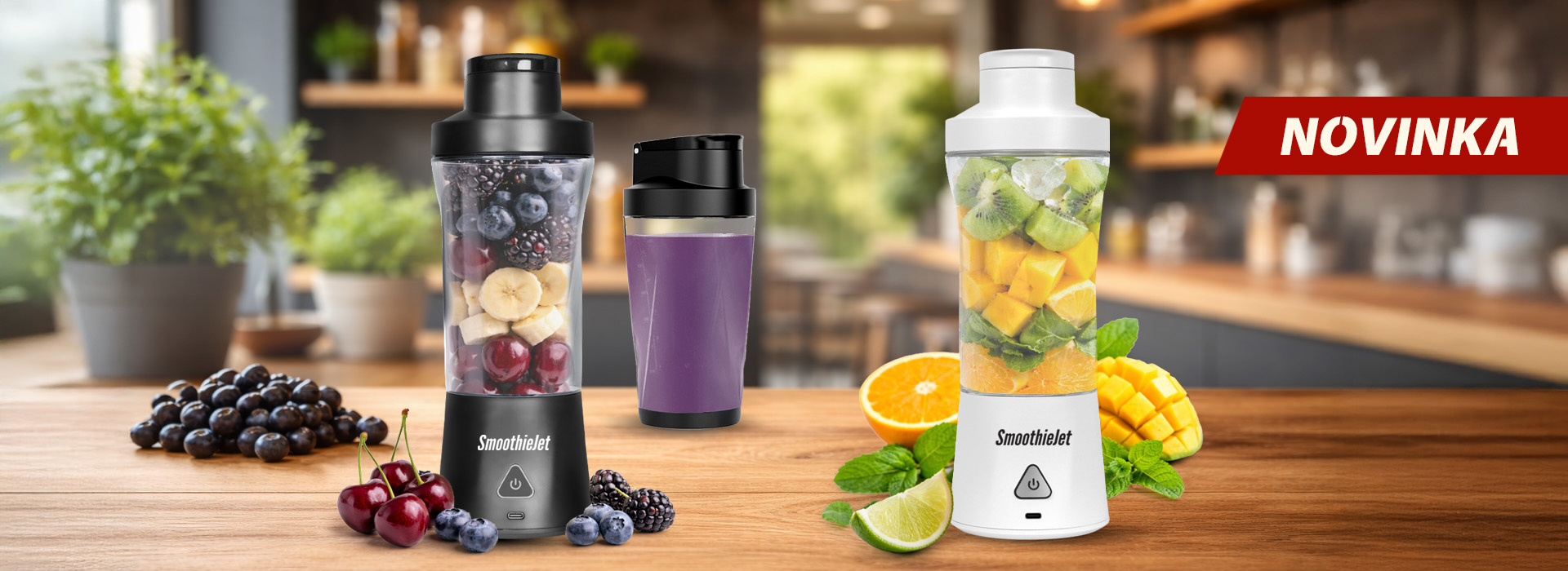 Dva prenosné mixéry SmoothieJet v čiernej a bielej farbe na drevenej kuchynskej linke, naplnené čerstvým ovocím ako čučoriedky, banány, kiwi a mango.