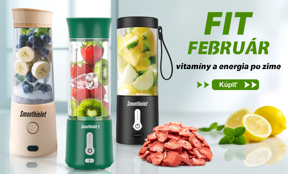 Tri prenosné USB mixéry SmoothieJet v béžovej, zelenej a čiernej farbe s nakrájaným ovocím a citrónom.