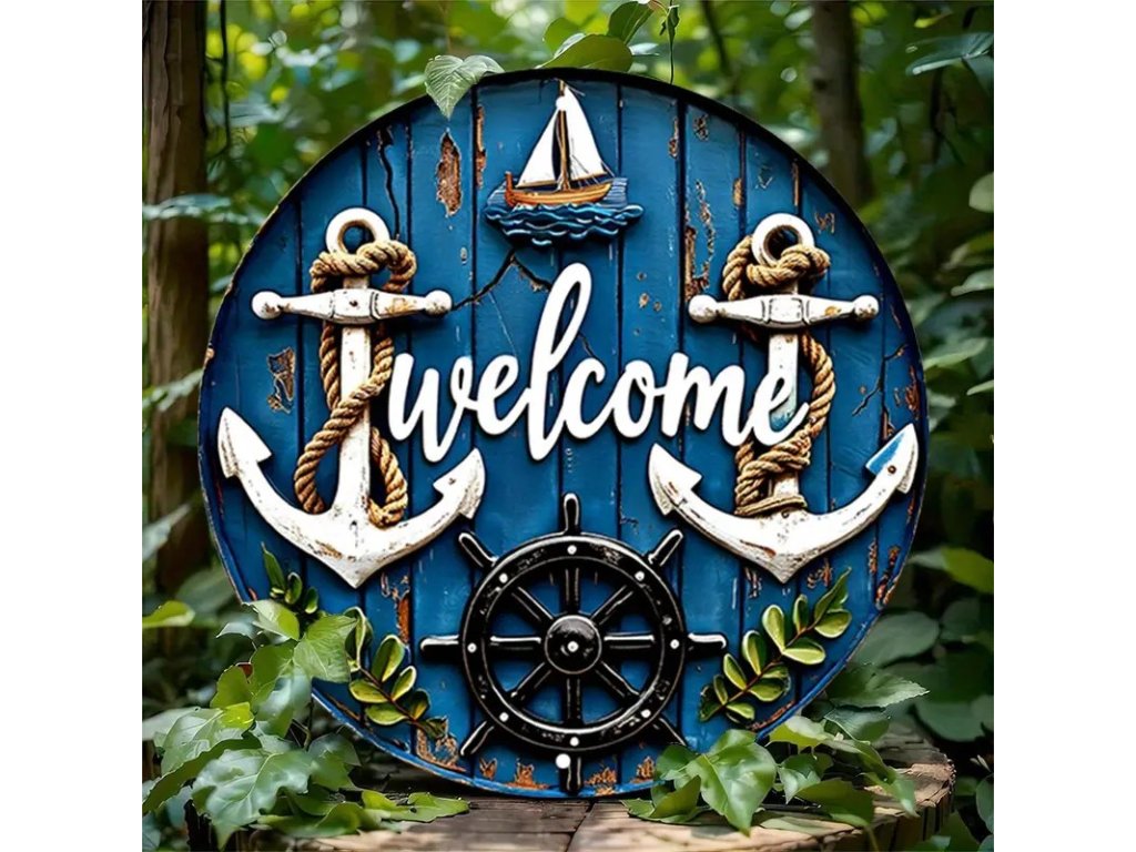 VINTAGE PLECHOVÁ CEDULE 2D - NÁMOŘNÍ MOTIV WELCOME PRMĚR 20 cm