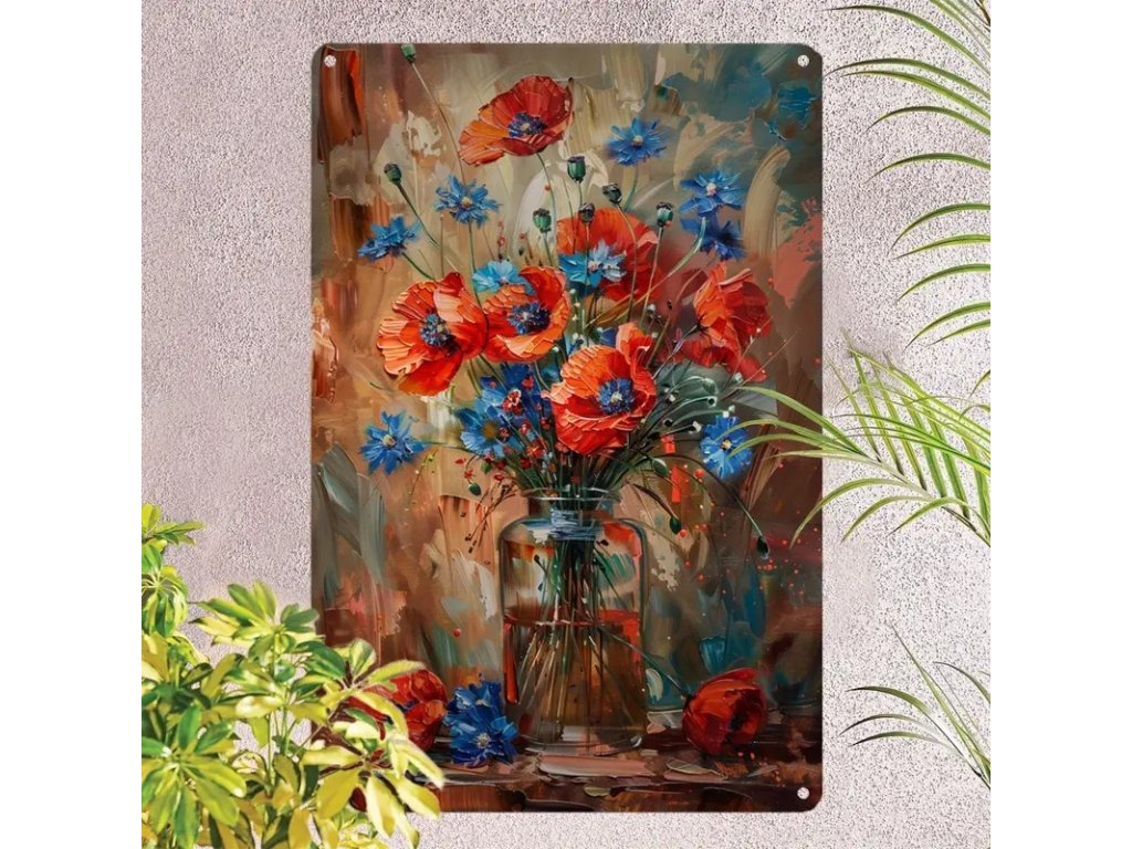 Plechová vintage cedule Chrpy a máky 30 x 20 cm