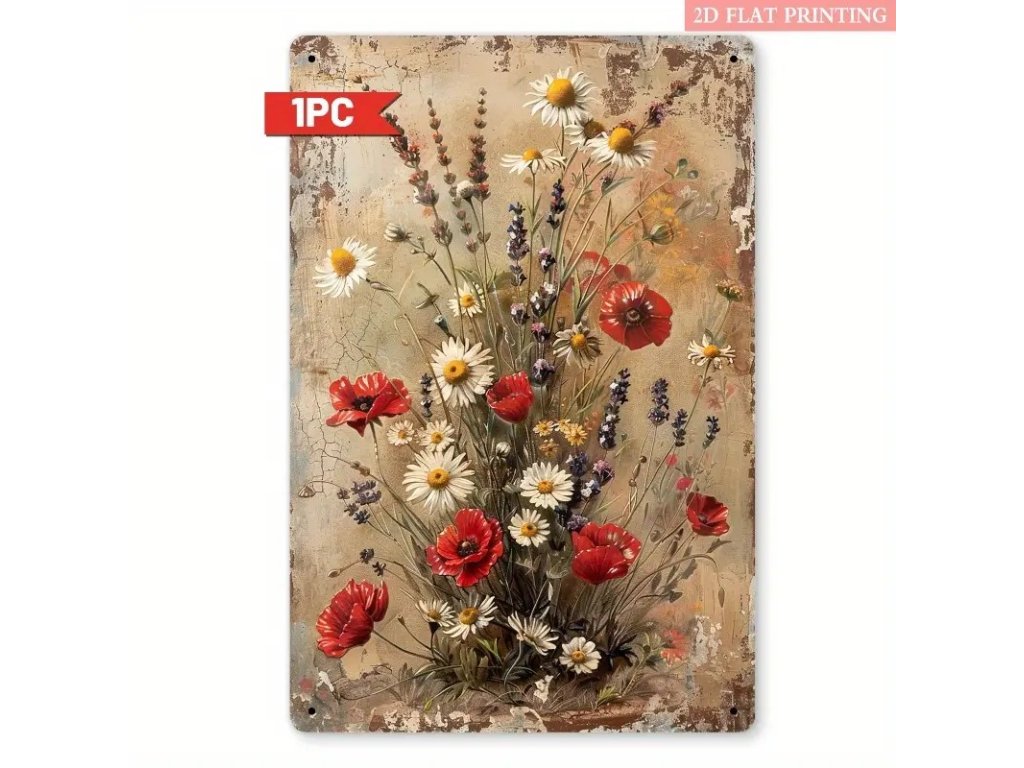 Plechová  vintage cedule. Kopretiny a máky. 30 x 20 cm